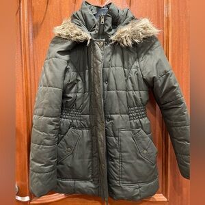 Women's Olive Green Puffer Jacket with Faux Fur Hood